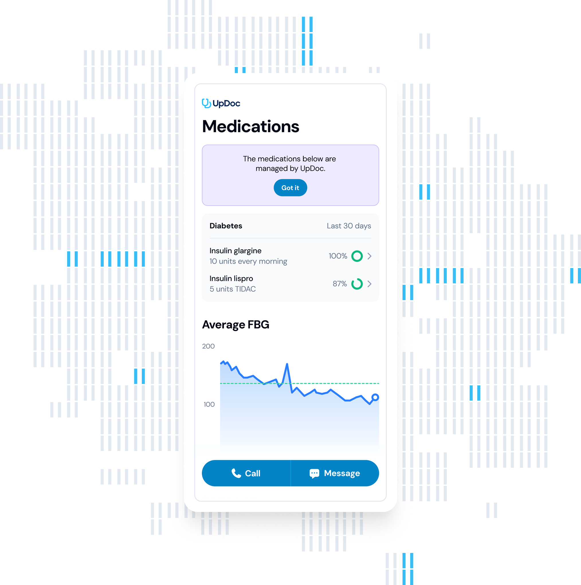 UpDoc mobile app interface showing blood sugar logging